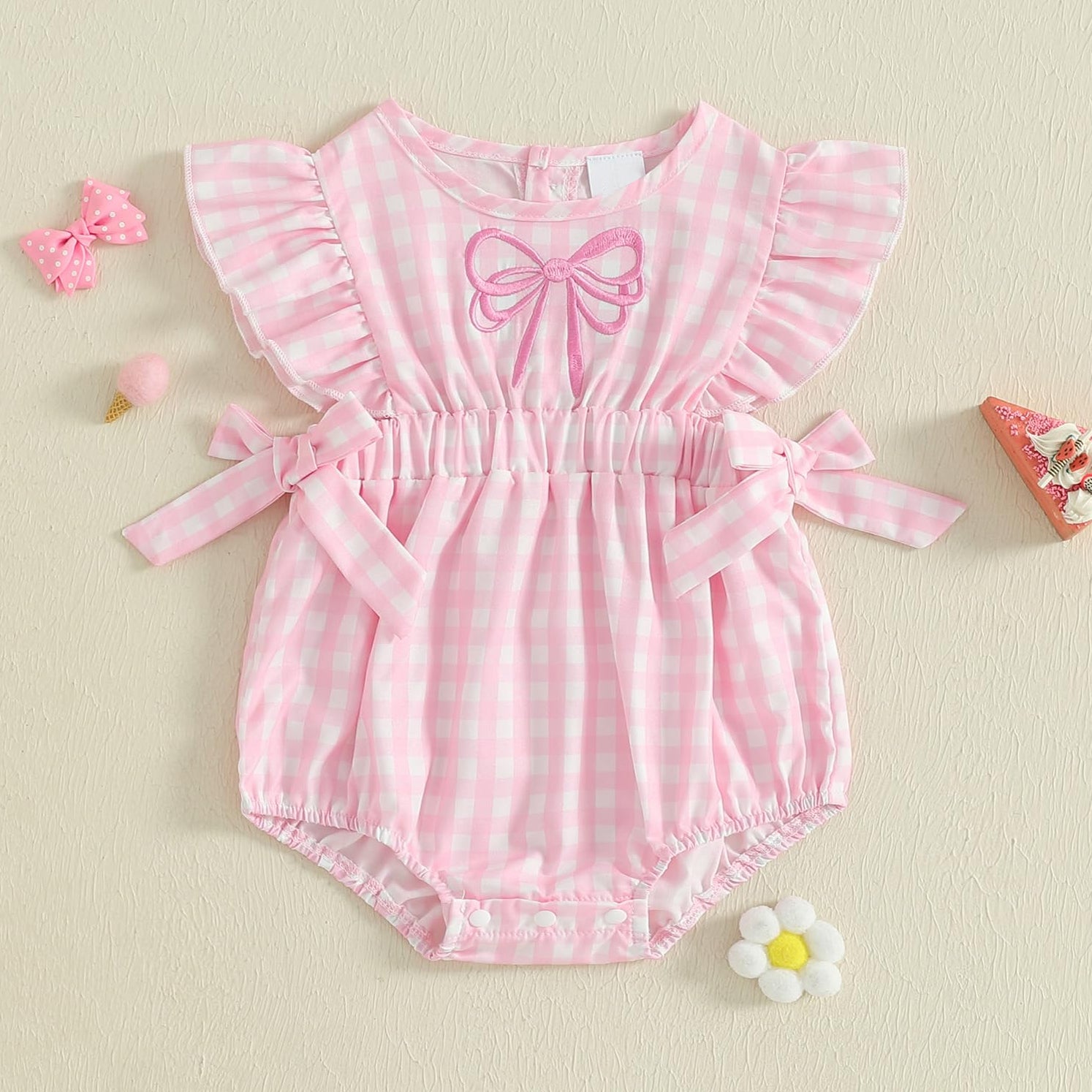 Sweet Bow Embroidery Plaid Printed Baby Romper
