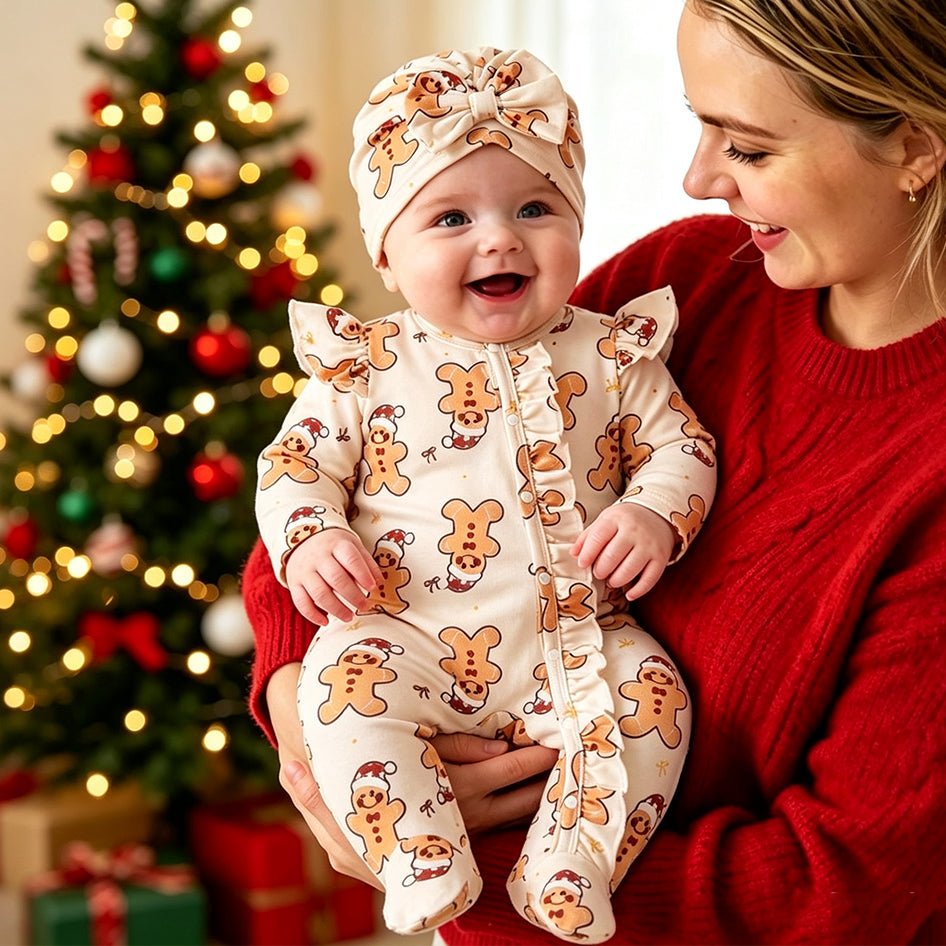 2PCS Lovely Gingerbread Man Bow Printed Long Sleeve Zipper Baby Jumpsuit