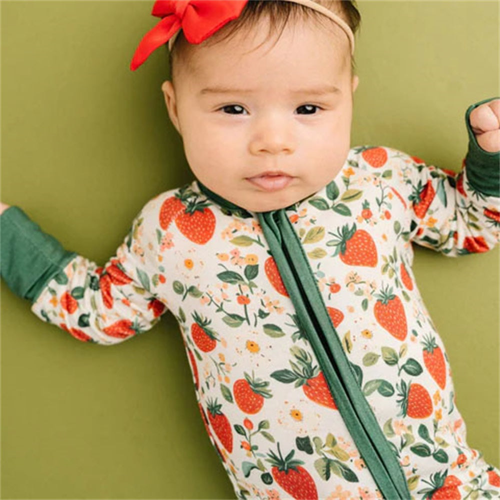 Vintage Strawberry Print Zipper Long Sleeve Baby Jumpsuit