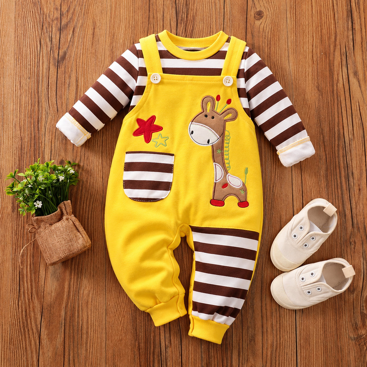 Cute Faux Layer Giraffe Applique Striped Long Sleeve Baby Jumpsuit