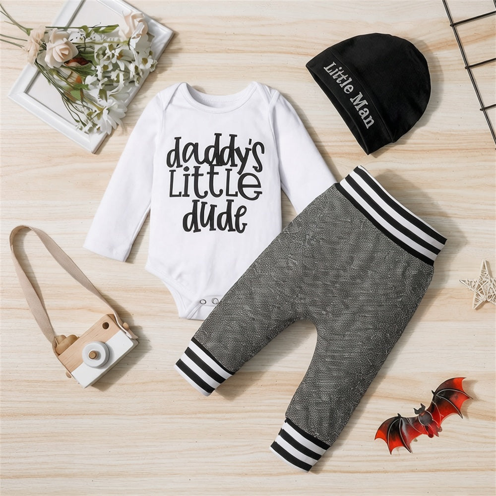 3PCS Daddy's Little Dude Letter Stripe Print Baby Boy Set