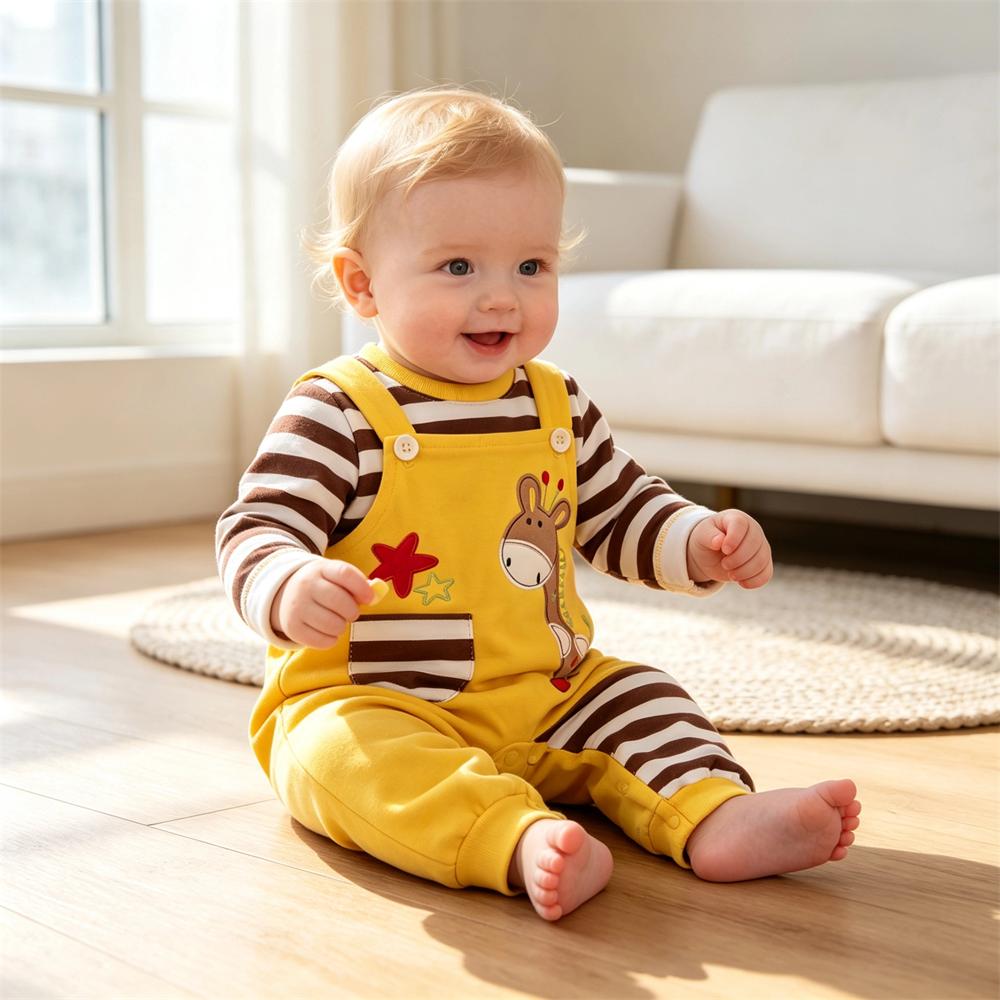 Cute Faux Layer Giraffe Applique Striped Long Sleeve Baby Jumpsuit