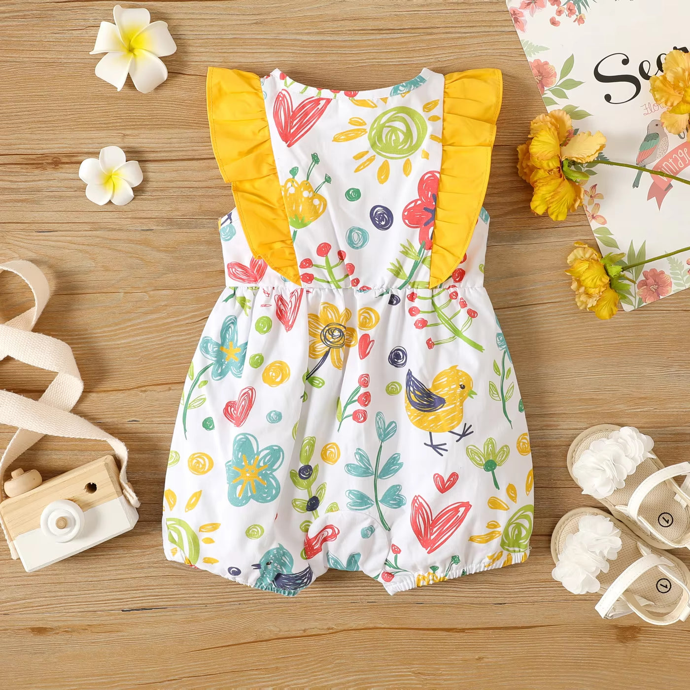 Colorful Hand-Painted Style Floral & Bird Printed Baby Jumpsuit