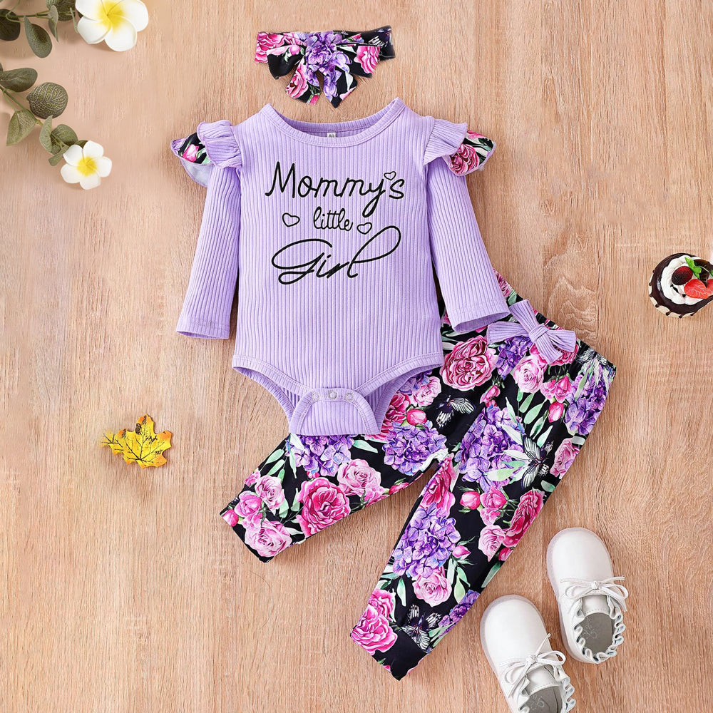 3PCS Mommy's Little Girl Letter Floral Print Long Sleeve Baby Set