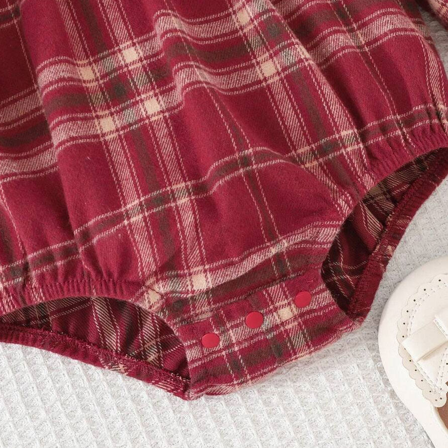 2PCS Refined Plaid Printed Ruffled Long Sleeve Baby Romper