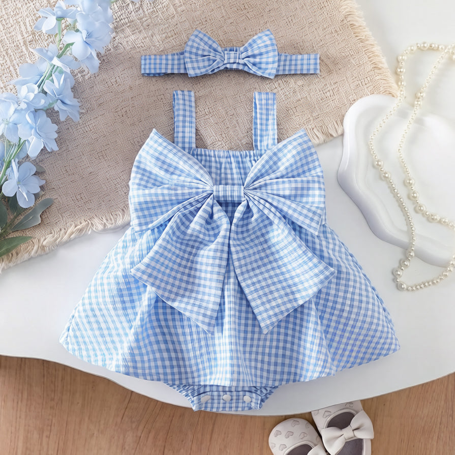 2PCS Classy Plaid Printed Sleeveless Baby Romper