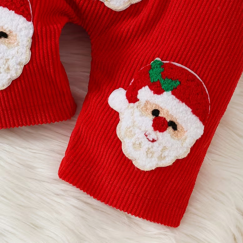 3PCS "MERRY" Embroidery Santa Applique Striped Baby Girl Overalls Set
