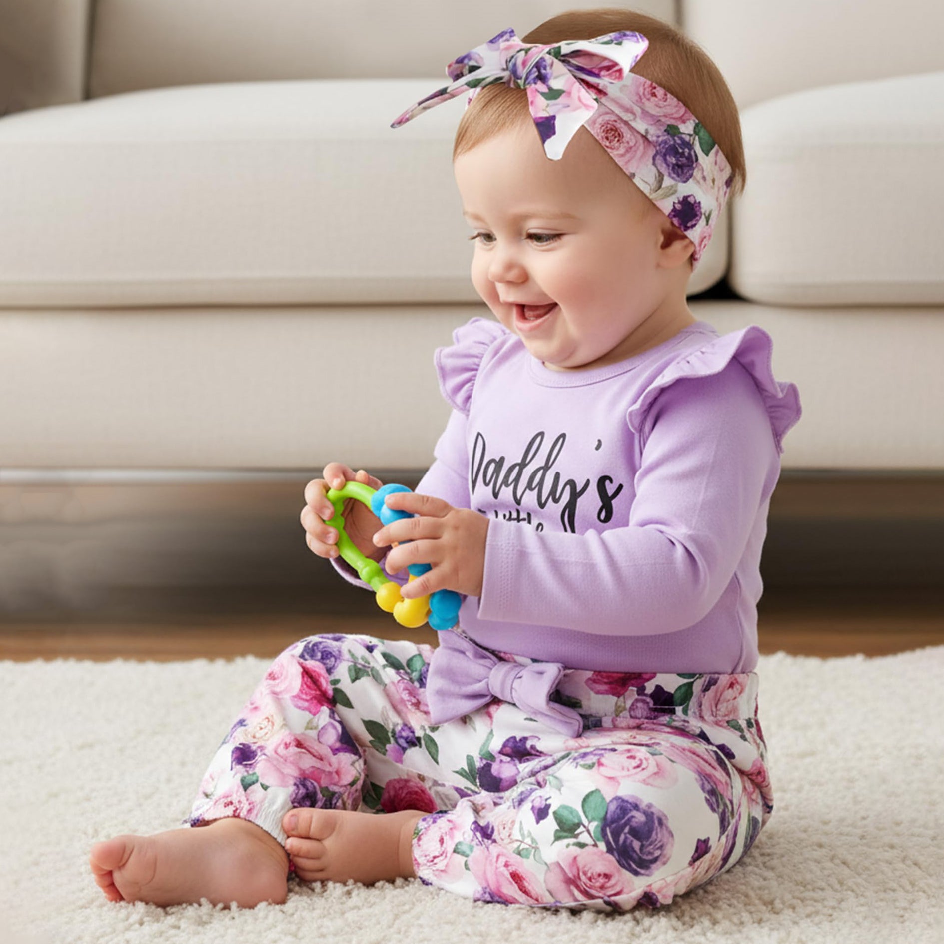 3PCS Sweet Daddy's Little Princess Letter Floral Print Baby Set