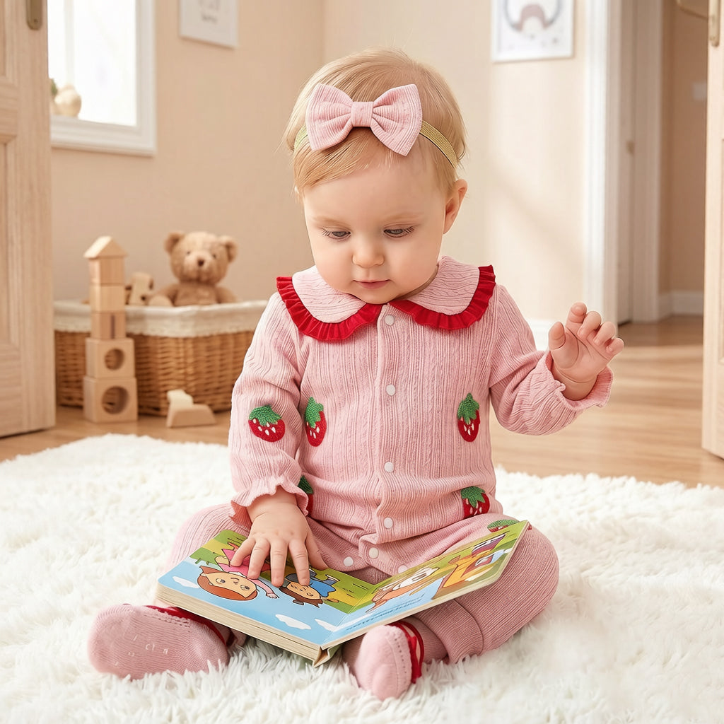2PCS Pretty Strawberry Print Baby Girl Jumpsuit