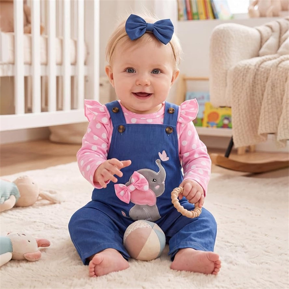 3PCS Polka-dot Top Print Elephant Embroidery Overalls Baby Set
