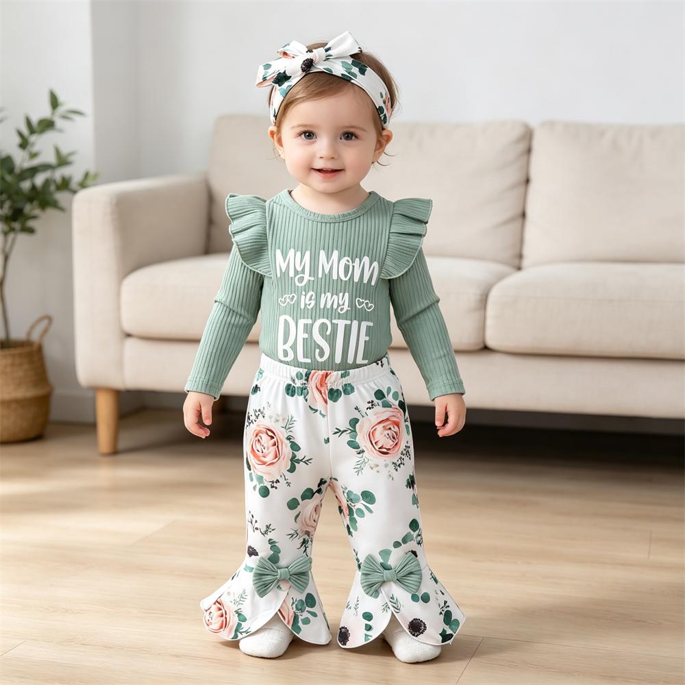 3PCS My Mom Is My Bestie Letter Floral Print Baby Set