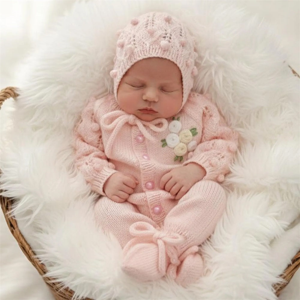 2PCS Sweet Floral Embroidery Knit Long Sleeve Baby Jumpsuit