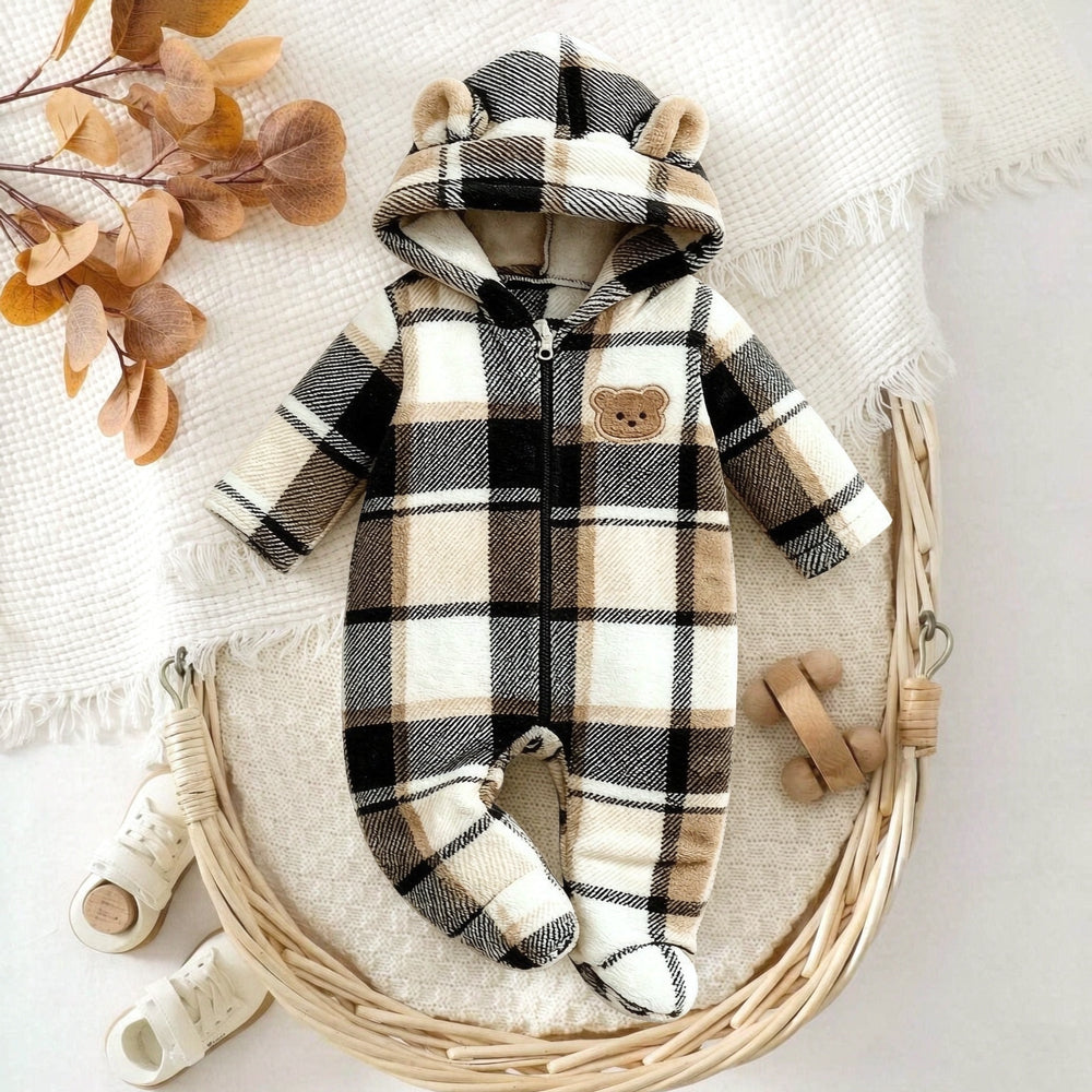 Cute 3D Ear Plaid Printed Long Sleeve Hooded Baby Jumpsuit