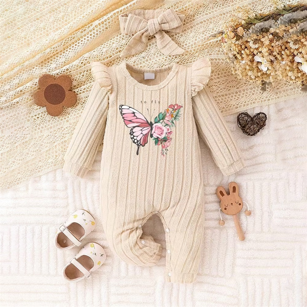 2PCS Butterfly Print Long Sleeve Plush Baby Jumpsuit