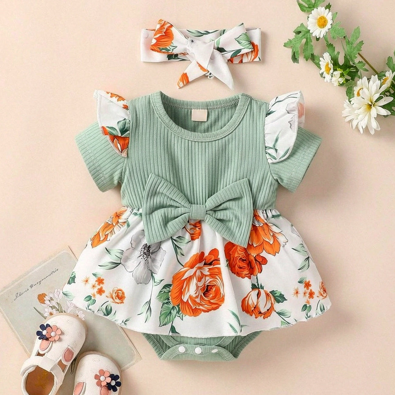 2PCS Chic Floral Printed Short Sleeve Baby Girl Romper