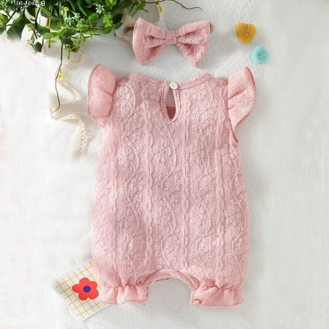 2PCS Solid Color Floral Decoration Sleeveless Baby Jumpsuit