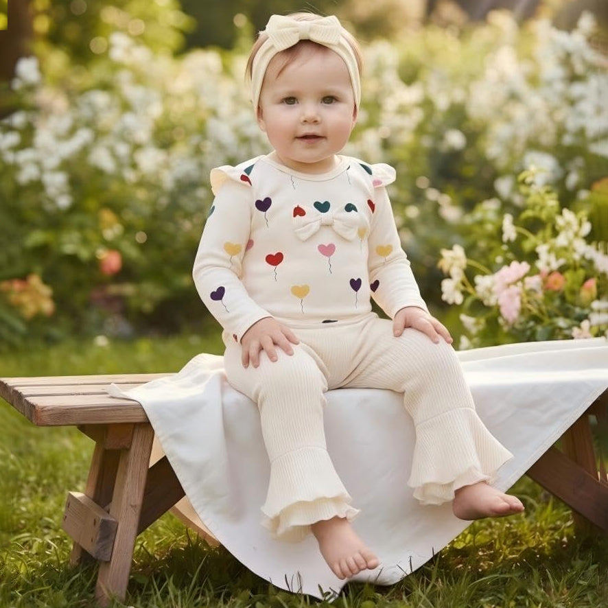 4PCS Lovely Heart Print Bow Long Sleeve Baby Girl Set