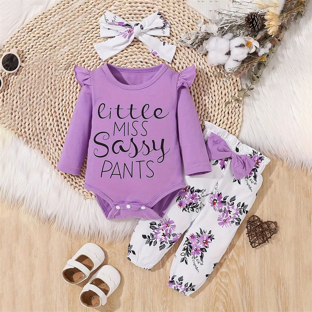 3PCS Little Miss Sassy Pants Letter Floral Print Baby Set