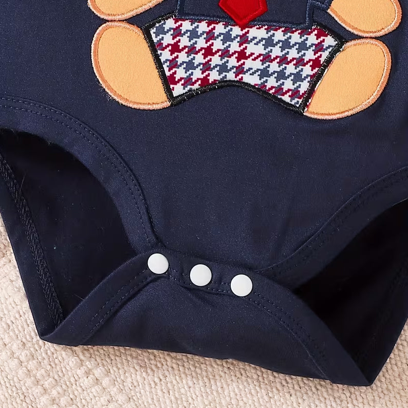 2PCS Bear Embroidery Houndstooth Printed Long Sleeve Baby Set