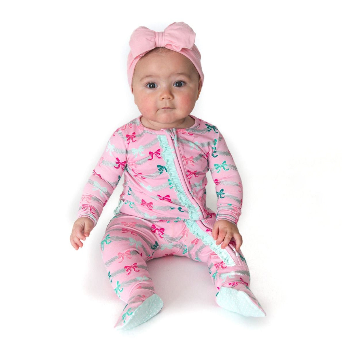 2PCS Grace Bow Floral Printed Zipper Baby Jumpsuit