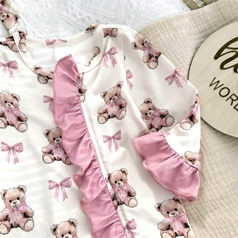 2PCS Cute Bear Printed Long Sleeve Frill Trim Zip Baby Jumpsuit