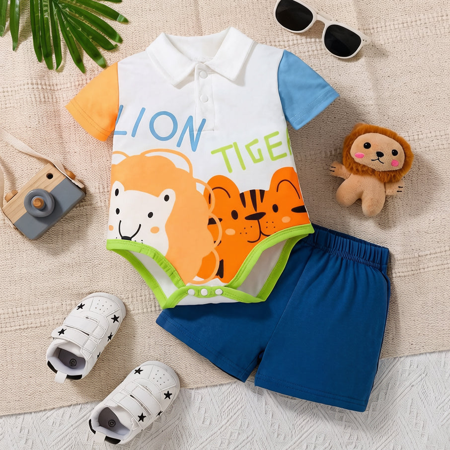 2PCS Cute Lion Tiger Printed Short Sleeve Baby Set