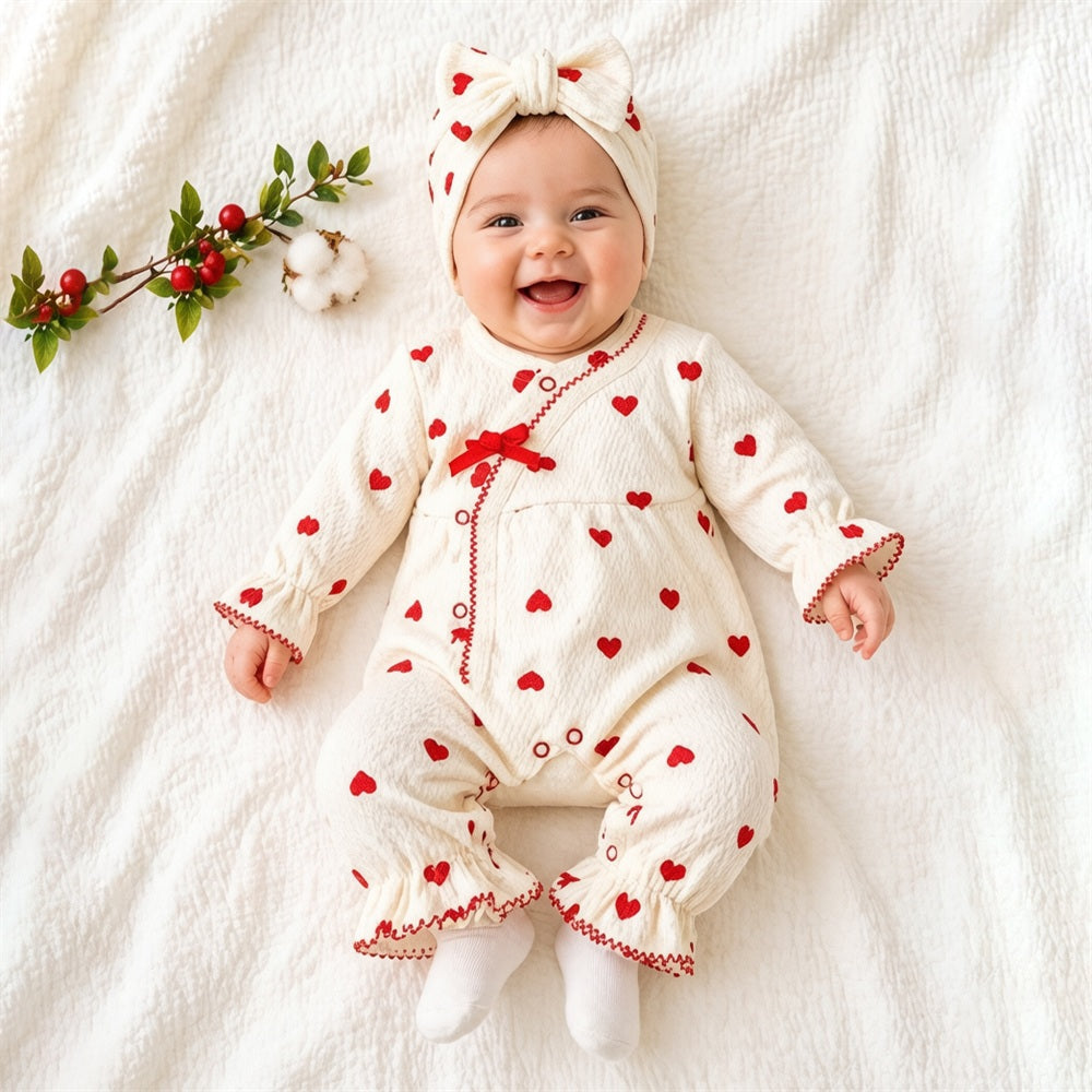 2PCS Delightful Heart Print Long Sleeve Ruffle Baby Jumpsuit