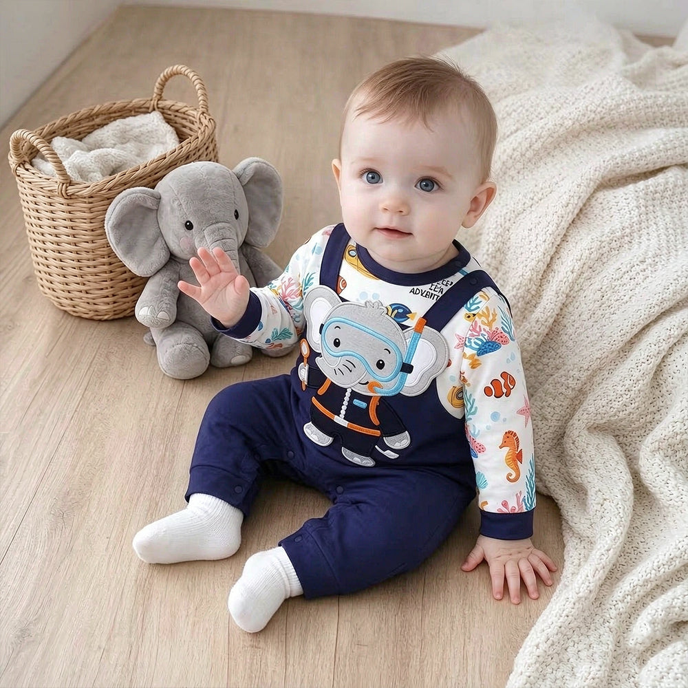 Cute Elephant Embroidery Long Sleeve Baby Jumpsuit
