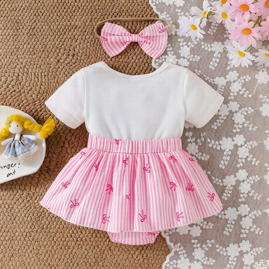 2PCS Gorgeous Stripe Bow Print Short Sleeve Baby Romper