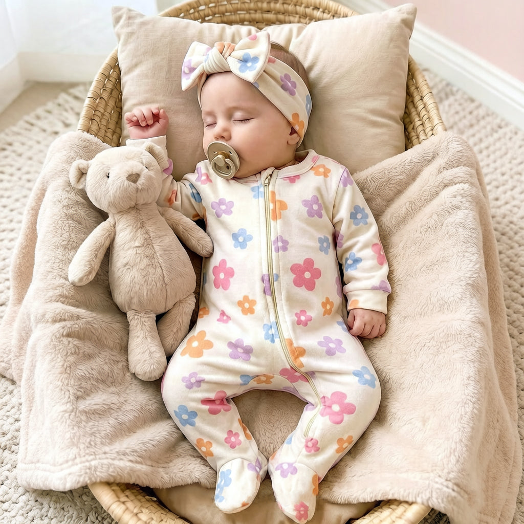 2PCS Graceful Floral Print Long Sleeve Zipper Baby Jumpsuit