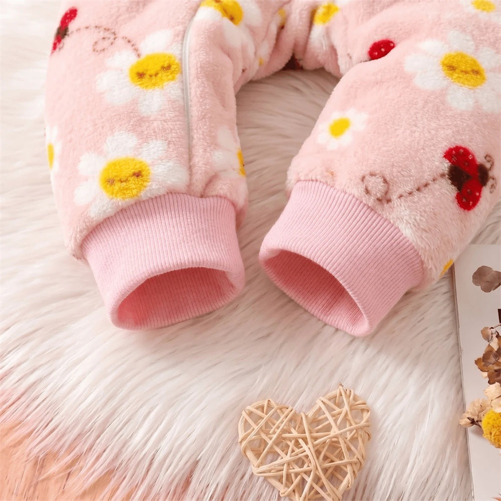 Grace Ladybug Floral Printed Fuzzy Baby Girl Jumpsuit