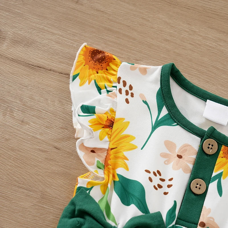 Fresh Sunflower Printed Flounce Sleeve Baby Jumpsuit