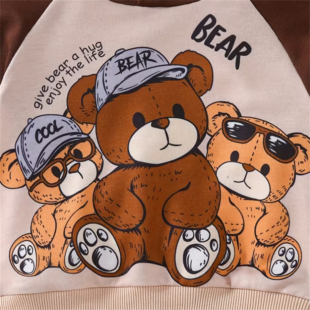 2PCS Cute Cartoon Bear Print Long Sleeve Baby Hooded Set