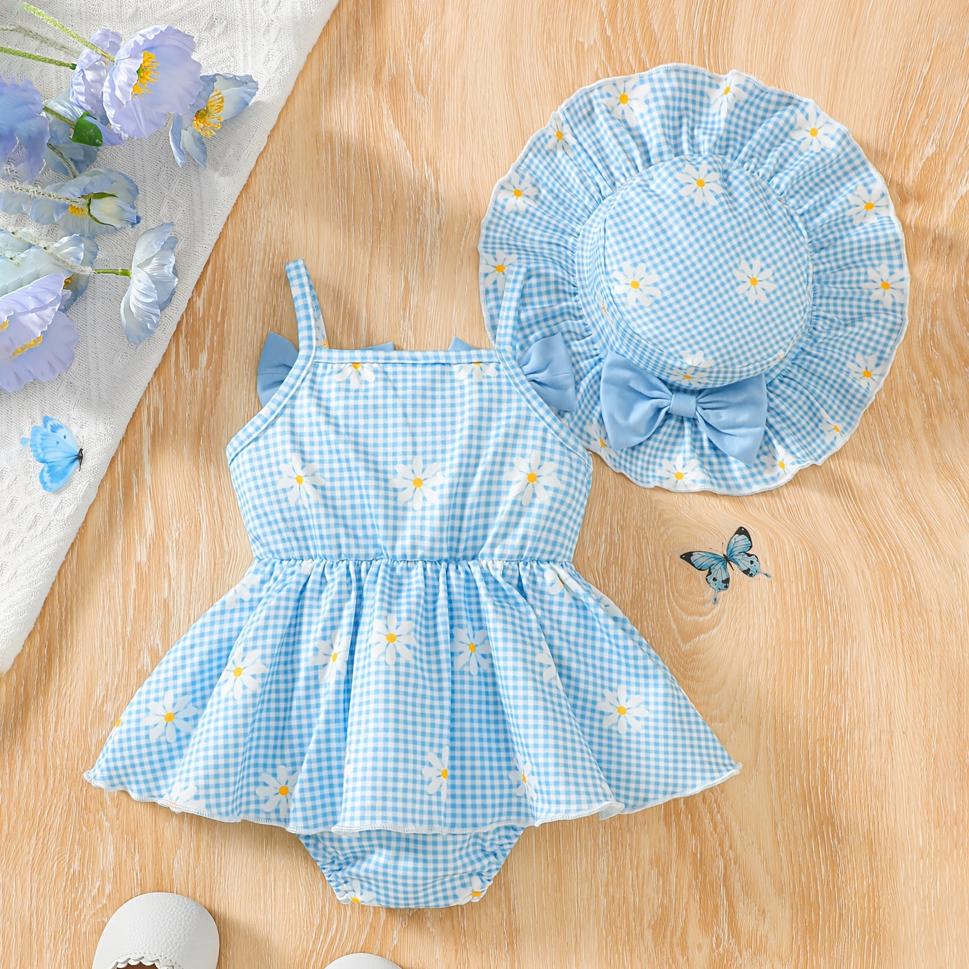 2PCS Chic Daisy & Plaid Print Sleeveless Baby Romper With Hat