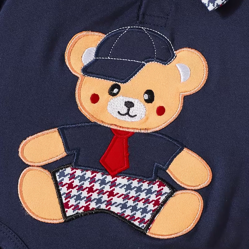 2PCS Bear Embroidery Houndstooth Printed Long Sleeve Baby Set