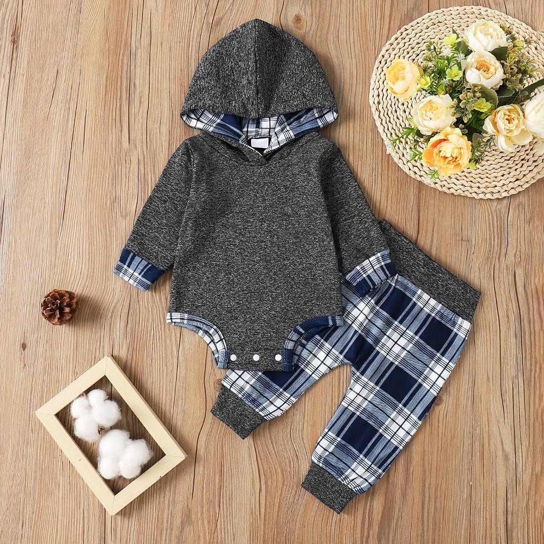 2PCS Casual Baby Boy Plaid Print Long Sleeve Hoodie Set