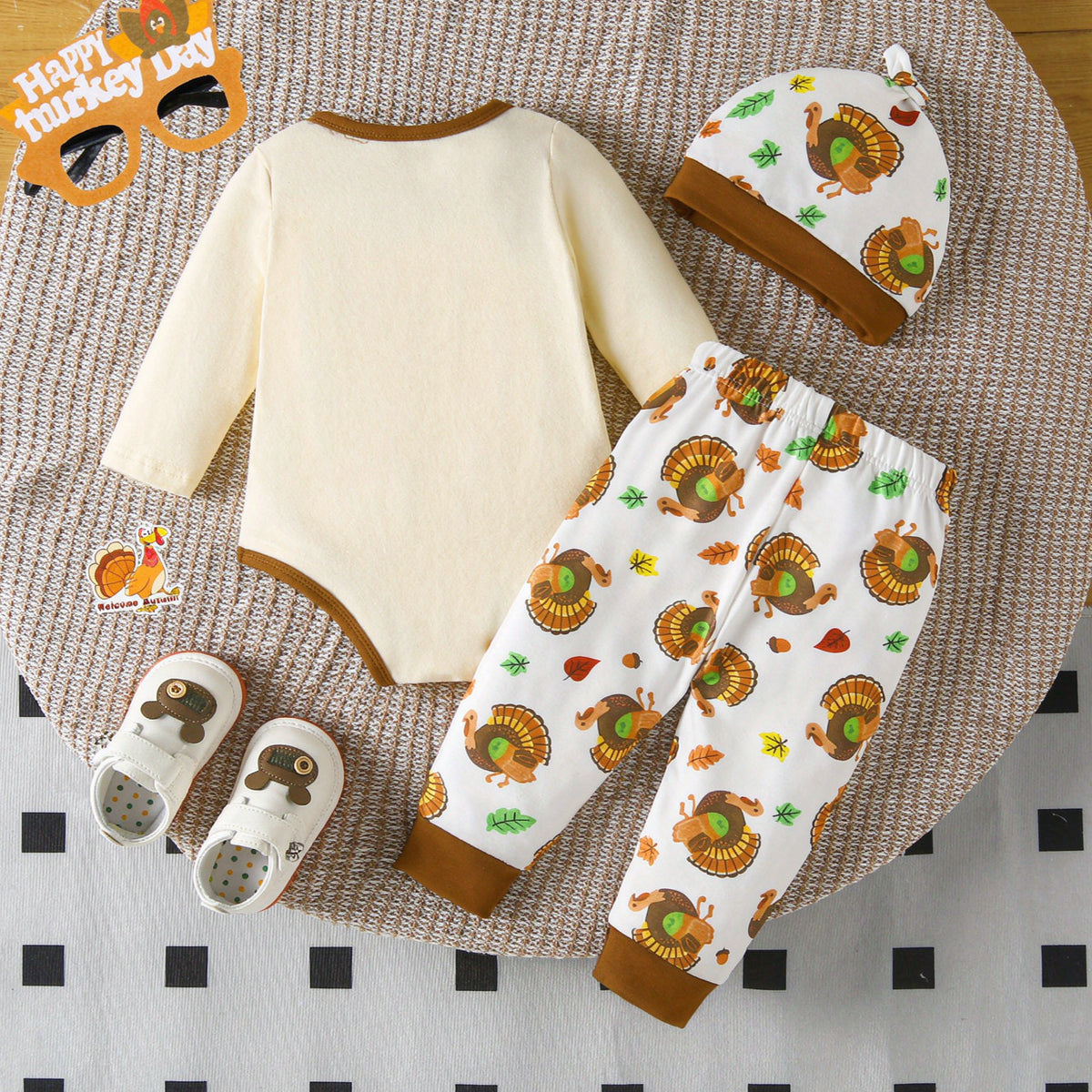 3PCS Cute My 1st Thanksgiving Letter Turkey Printed Baby Boy Set