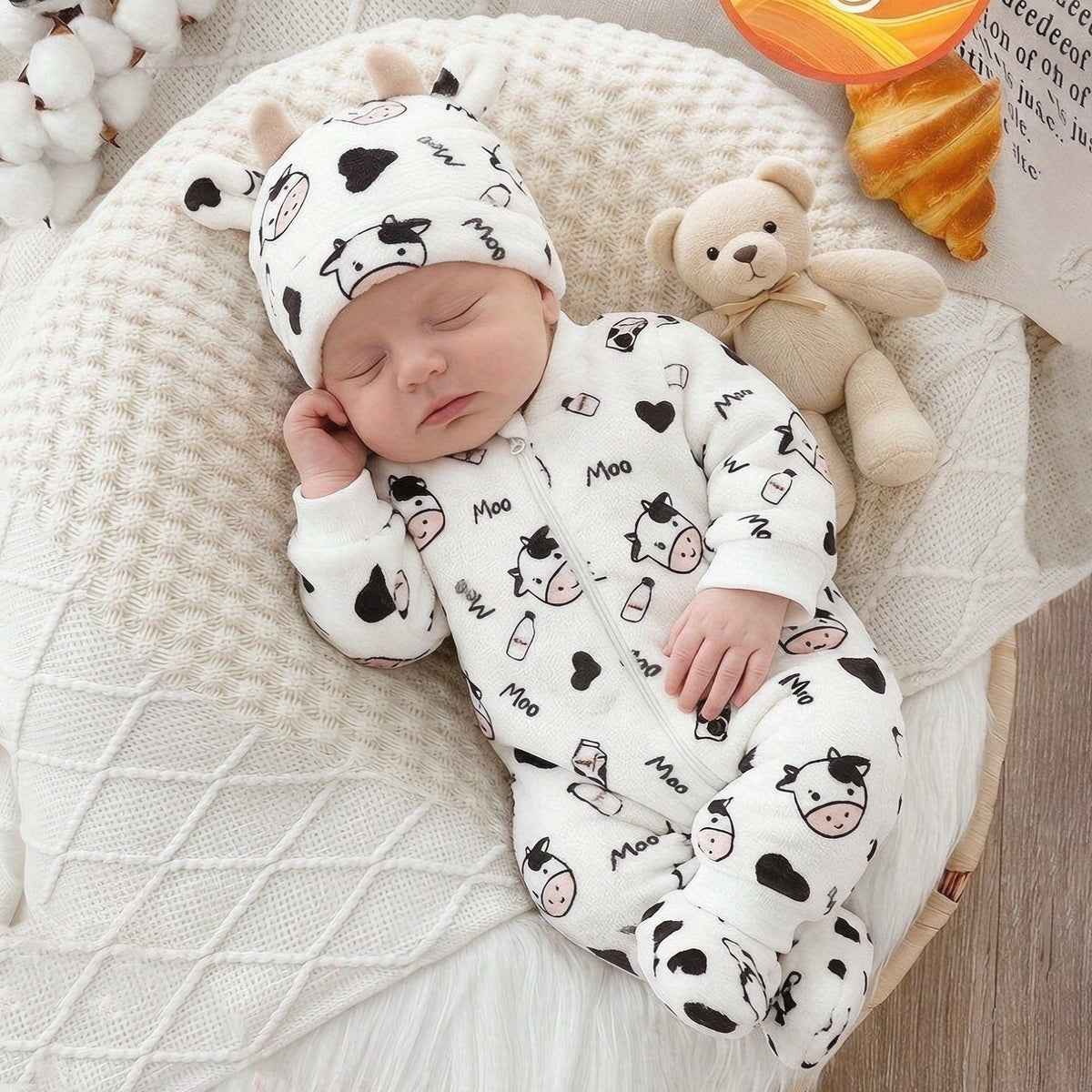 Lovely Cow Milk Bottle Print Long Sleeve Zipper Baby Fleece Jumpsuit