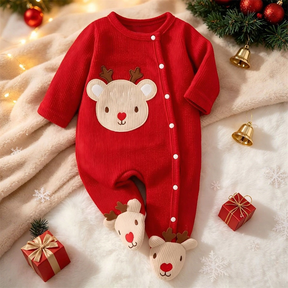 Christmas Newborn Reindeer Patch Long Sleeve Jumpsuit