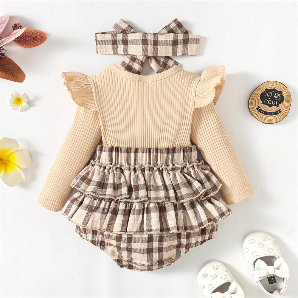 2PCS Adorable Plaid Print Long Sleeve Baby Romper