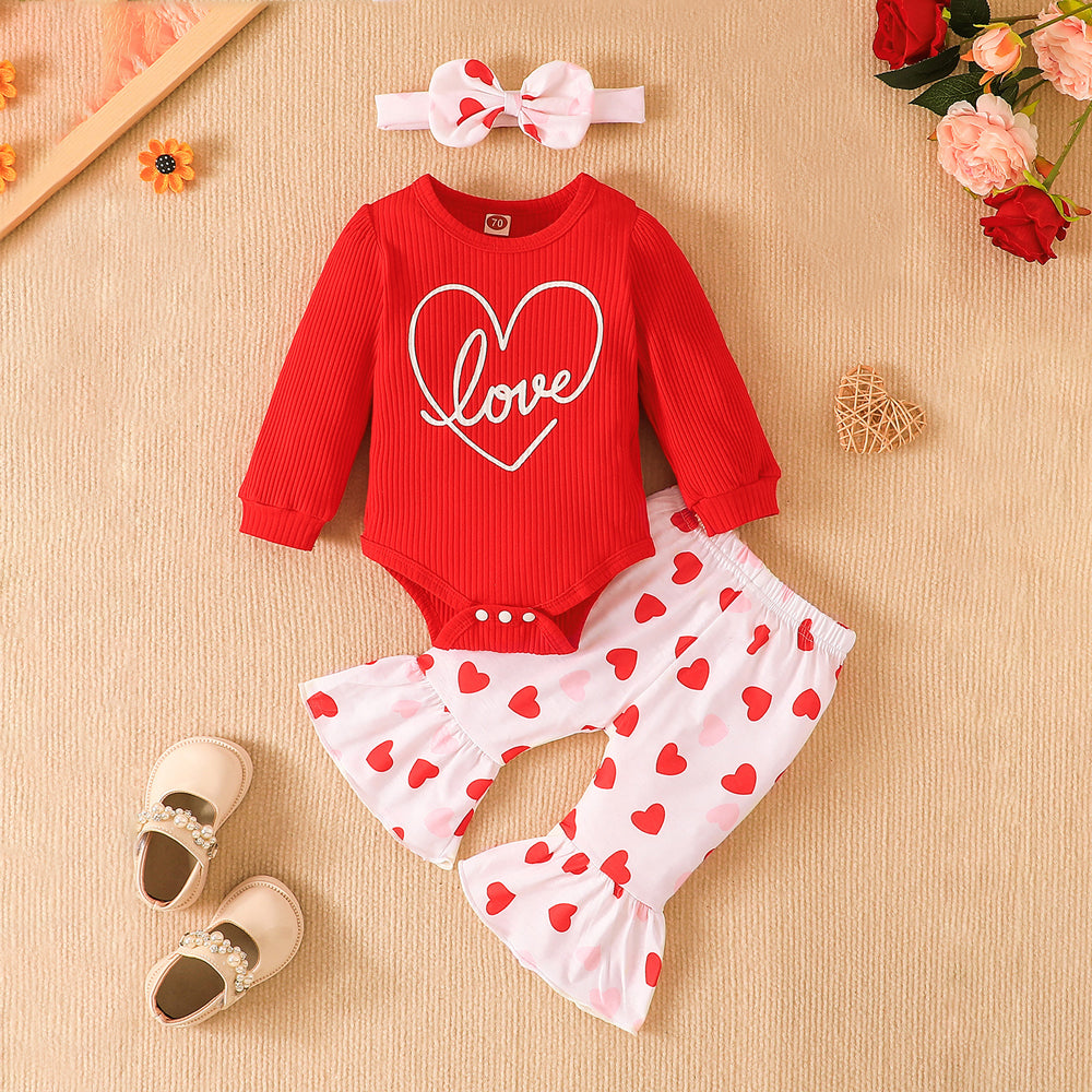 3PCS Stylish Heart Print Long Sleeve Baby Girl Set