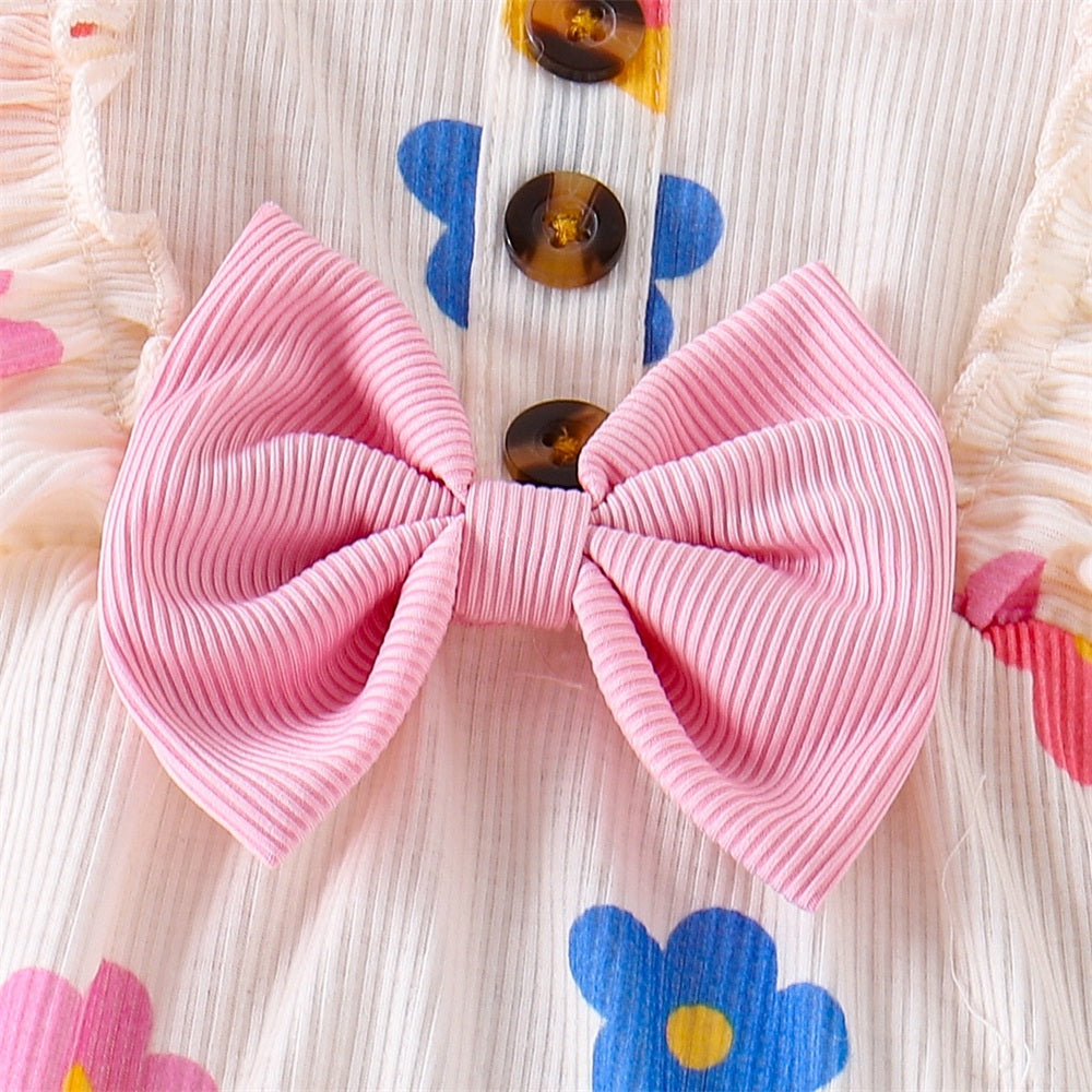 3PCS Refined Floral Printed Bow Baby Girl Romper