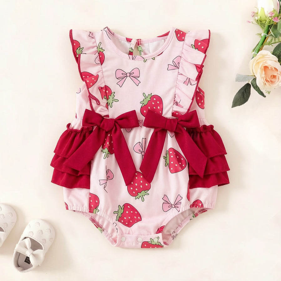 Cute Strawberry and Bow Print Ruffle Sleevelss Baby Romper
