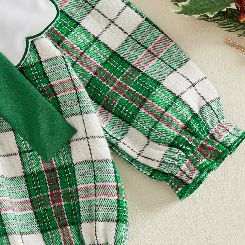 Lovely Plaid Printed Bow Long Sleeve Baby Christmas Romper