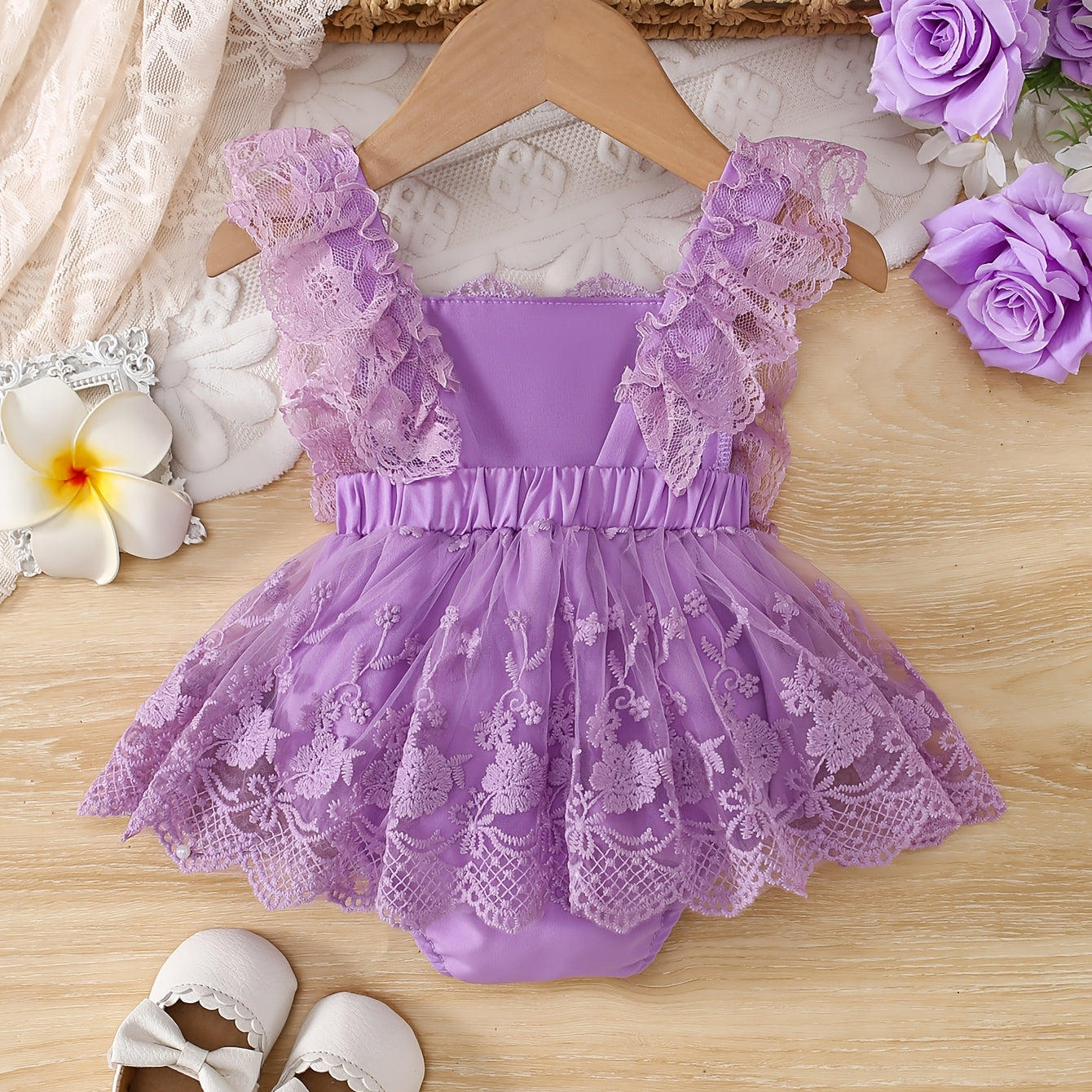 Comfy Floral Embroidery Flounce Sleeve Baby Romper