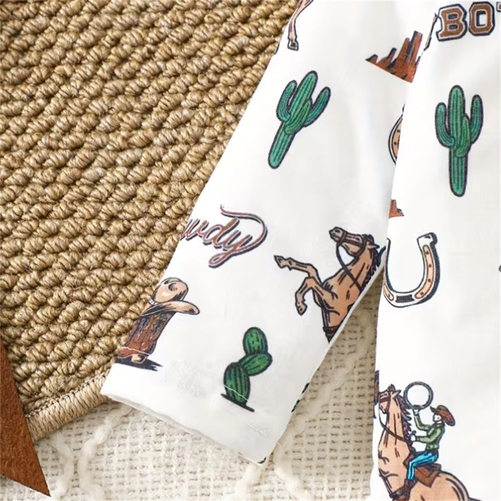 2PCS Cowboy Letter Print Long Sleeve Baby Overalls Set