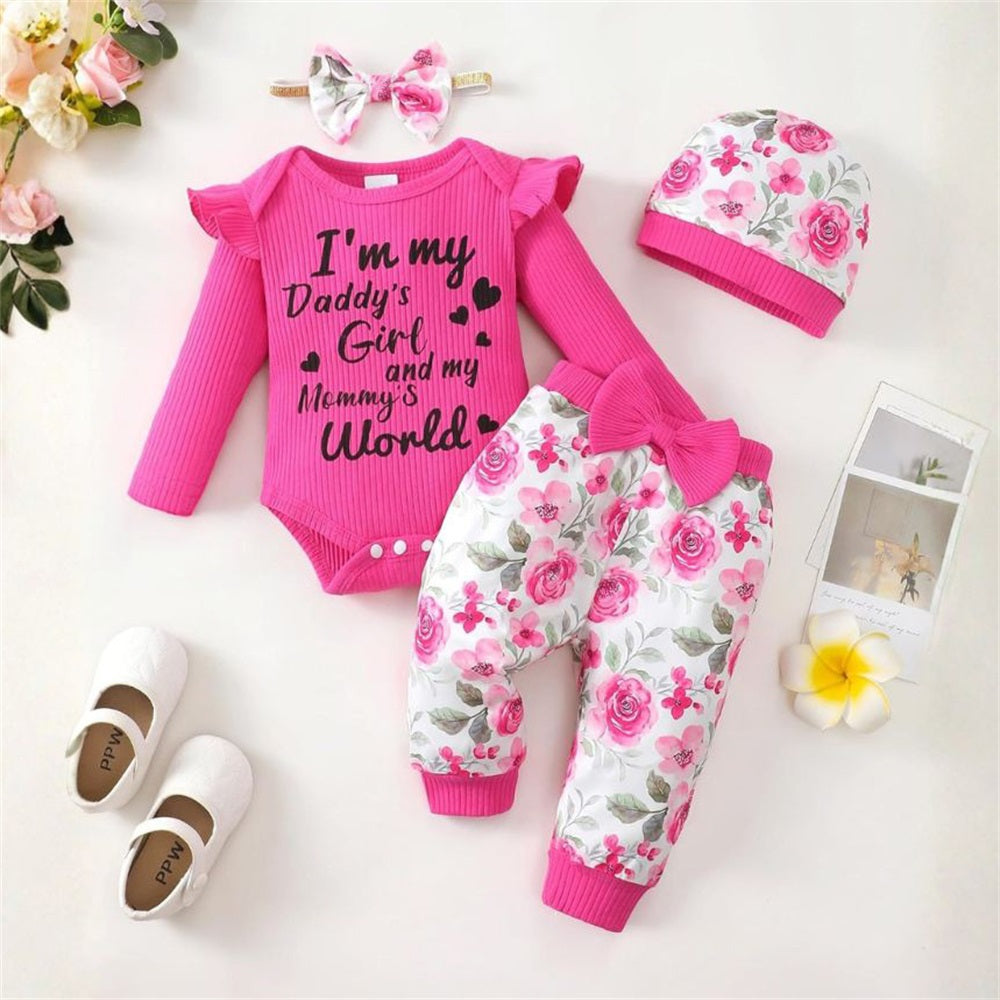 4PCS I'm My Daddy's Girl Letter Floral Printed Baby Set