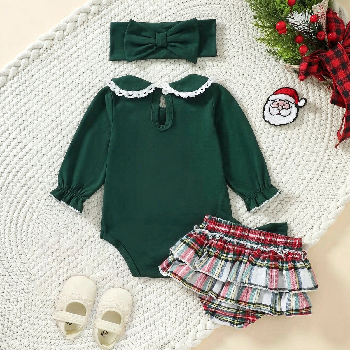 3PCS My First Christmas Letter Santa Hat Applique Plaid Print Baby Girl Set