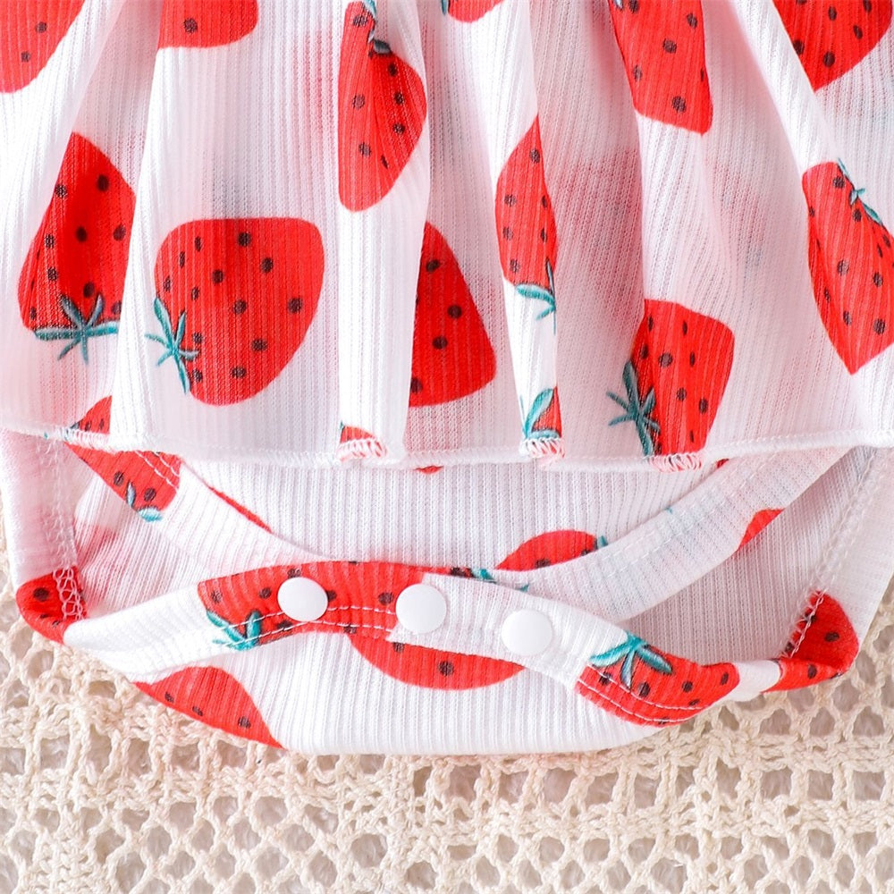 3PCS Strawberry Printed Ruffled Long Sleeve Baby Romper