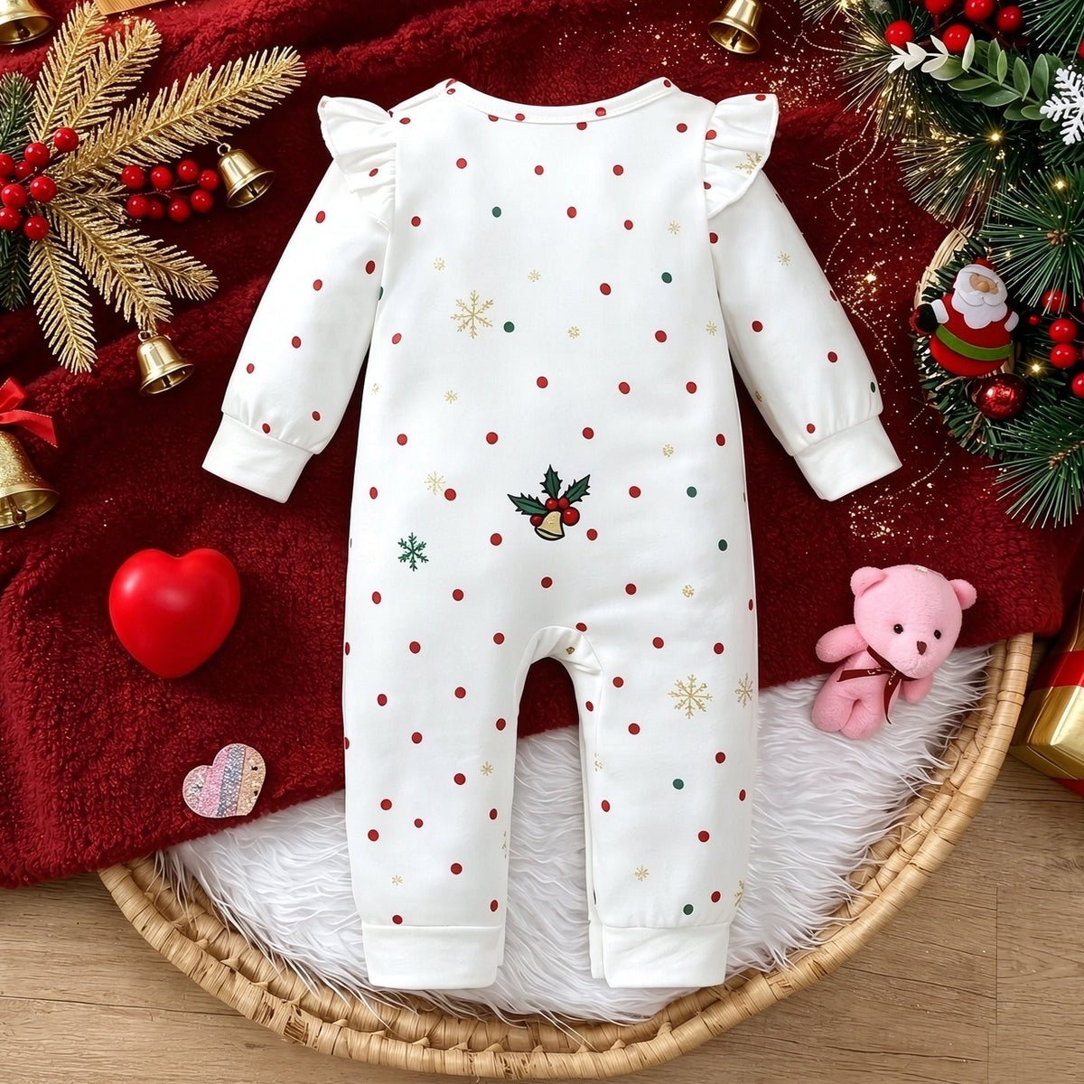 Sweet Elephant Heart Print Long Sleeve Baby Girl Christmas Jumpsuit